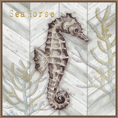 Gray Gold Chevron Seahorse Canvas Wall Art with Bronze Frame