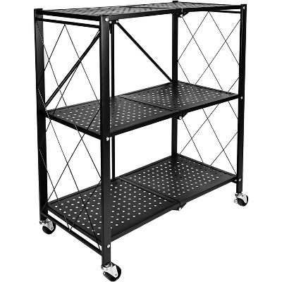 Vynxaria 3-Tier Utility Storage Shelves - Foldable with Wheels, Black, 28.1 x 18.5 x 35 Inches