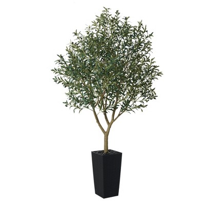 DR.Planzen 5-8FT Adjustable Artificial Olive Tree - UV Resistant Fake Plant in 15.7-22.7" Tall Planter (B/W/Coffee) for Indoor/Outdoor