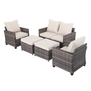 Decksplore 5 Pieces Outdoor Wicker Sofa Comfy with Cushions All Weather Conversation Set - 1 of 4