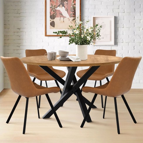 Oliver Kourtney 5 Piece Black Round Dining Table Set with Tan Faux Leather Dining Chairs Set of 4 with Black Legs The Pop Maison