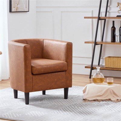 Brown Faux Leather Barrel Accent Chair with Manufactured Wood Frame