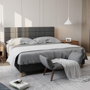 Linen Upholstered Platform Bed Frame with Adjustable Headboard – Grey, No Box Spring Needed - 1 of 4