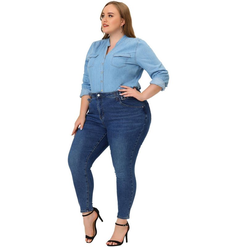 Agnes Orinda Women's Plus Size High Waist Buckle Decor Slash Pocket Denim Skinny Jeans, 3 of 7