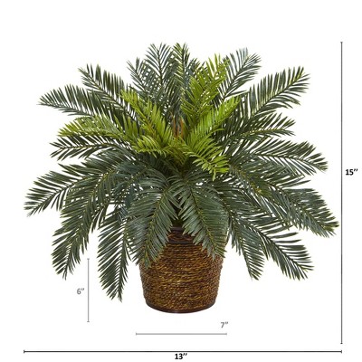 15-inch Green Silk Cycas Artificial Plant in Basket Planter