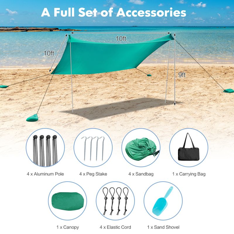 Costway Family Beach Tent Canopy w/4 Poles Sandbag Anchors 10'x9' UPF50+ Purple/Green/Blue, 3 of 11