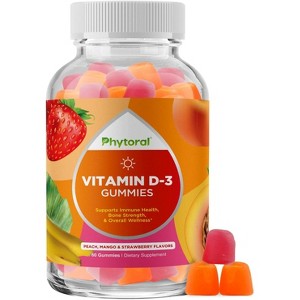 Phytoral Vitamin D-3 Gummies for Adults, Daily Vitamin D3 Gummies for Immune & Bone Health & Overall Wellness, Peach, Mango & Strawberry Flavor, 60ct - 1 of 4