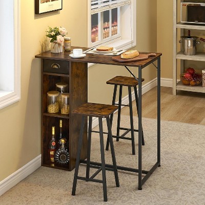 Small Bar Table and Chairs Set for 2, 3-Piece Bar Table Set with Storage Drawer & Shelf, Space Saving Table for Small Apartment, Living Room