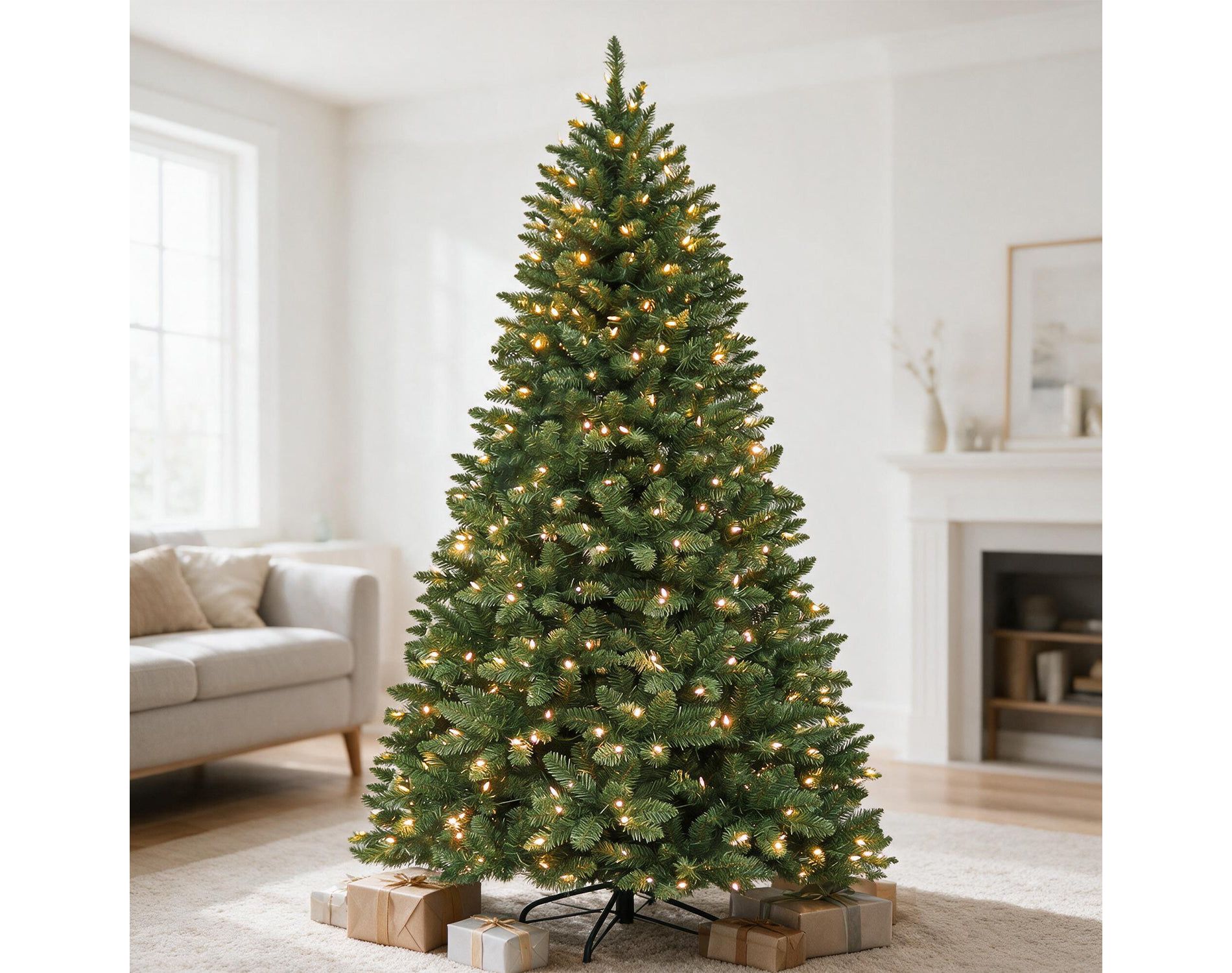 VIVATREES 7.5ft Prelit Artificial Christmas Tree with Hinged Branches Metal Stand Realistic Xmas for Holiday Decor Green