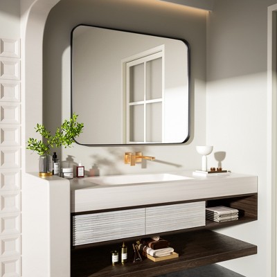 Tempered Glass Rounded Rectangle Framed Wall-Mounted Bathroom Vanity Mirror