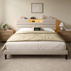 Furnulem King Size Bed Frames with Upholstered Headboard Modern Platform Bed with Charging Station and Led Lights Bed Frame with Sturdy Wooden Slats - 1 of 4