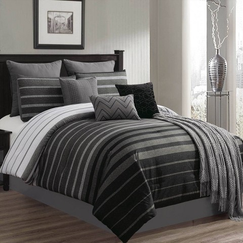 Riverbrook Home Queen 10pc Barkley Comforter Set Black/Gray - Riverbrook Home: Contemporary Striped Bedding with Decorative Pillows & Throw
