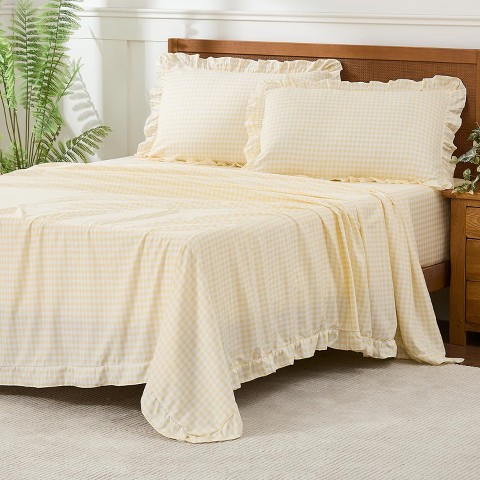 Der Rose BALHAM TRADE-Gingham Queen Sheet Set, Lightweight Super Soft Brushed Microfiber Plaid Bed Sheets Yellow Queen (90" x 98")