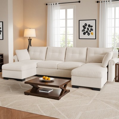 XIZZI 4-Piece Chenille Sofa Set with Large Chaise & Ottoman - Modern Sectional Sofa in White/Beige/Gray/Black, with Round/Square/Sloped Armrest