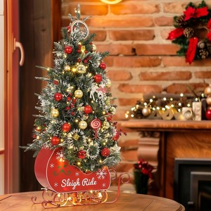 GustoWave 3FT Christmas Tree, Pre-Lit Artificial Christmas Trees with Lights, Small Xmas Trees with Sleigh Base & 78 Warm White Lights - 1 of 4