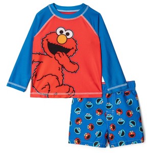 Sesame Street Raglan Rash Guard and Swim Trunks UPF 50+ Outfit Set Infant - 1 of 4