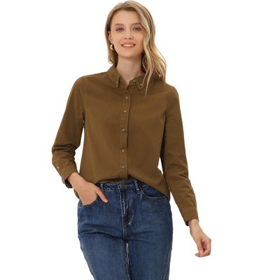 Allegra K Women's Classic Long Sleeve Loose Fit Button Up Denim Shirt