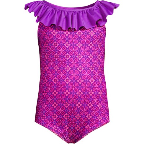 Lands End Kids Scoop Ruffle Neck One Piece Swimsuit X small Island Orchid Tile Geos Target
