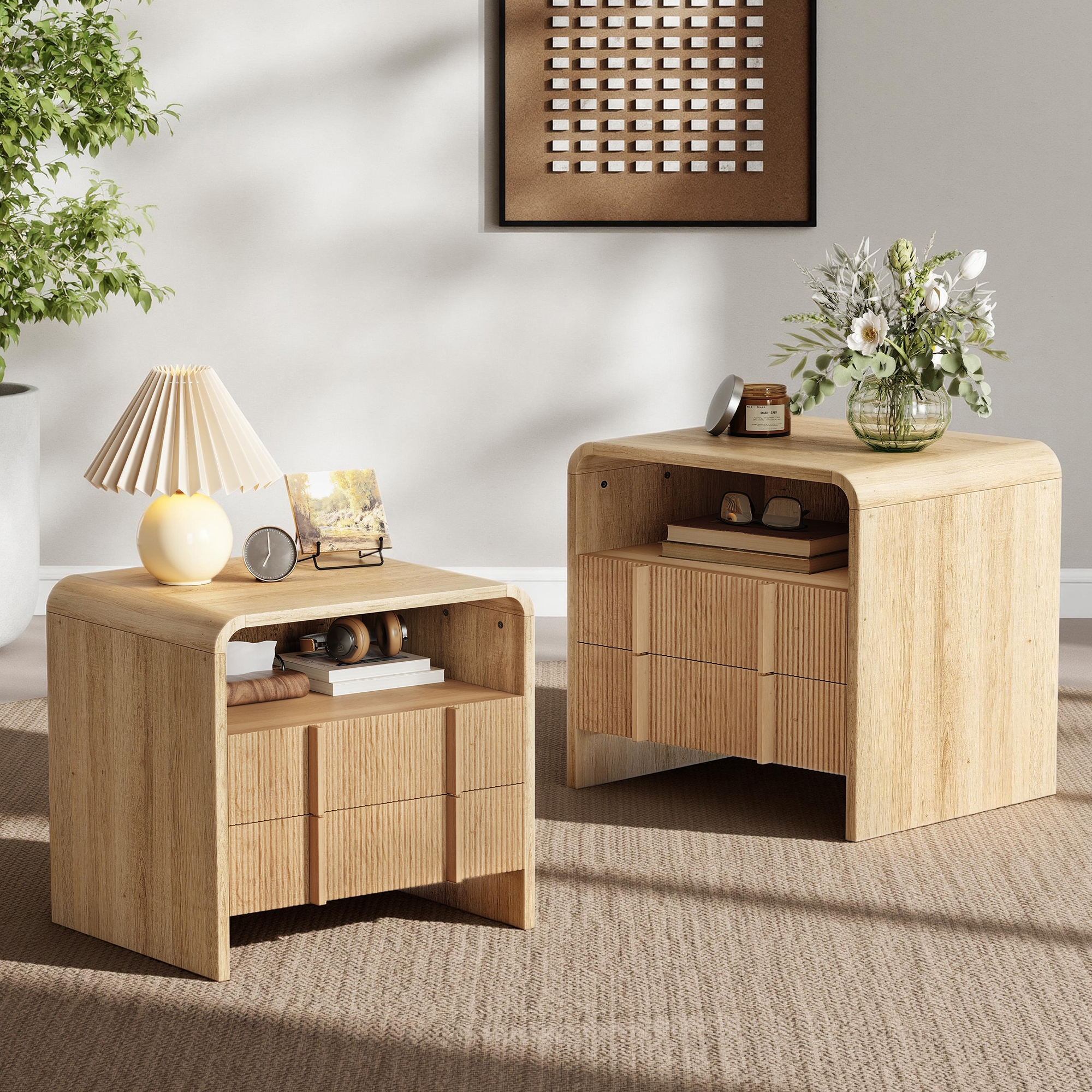 AMERLIFE 2-Piece Modern Nightstand Set with Drawers, Open Shelf, Fluted Front, Engineered Wood, Oak
