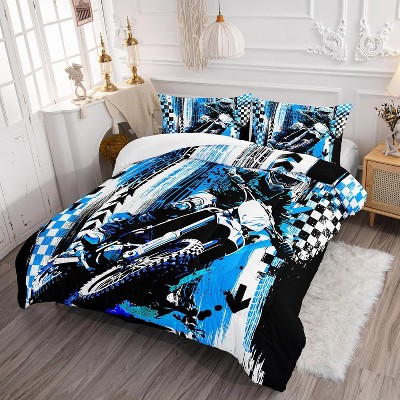 Motorcycle Comforter Set Queen Size – Blue Dirt Bike Motocross Rider Bedding with 1 Comforter & 2 Pillowcases, Extreme Sports Quilt Set for Boys Men