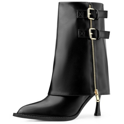 BLISSFUL STEP Women's Pointed Toe Mid Calf Fold Over Buckle Stiletto Heel Boots