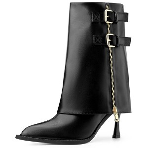 BLISSFUL STEP Women's Pointed Toe Mid Calf Fold Over Buckle Stiletto Heel Boots - 1 of 4