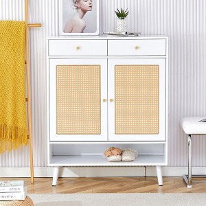 Modern Rattan Shoe Cabinet with 2 Doors and 2 Drawers Minimalist Storage Cabinet Shoe Organizer for Entryway, Corridors and Living Rooms - 1 of 4