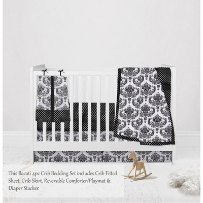 Bacati - Classic Damask Black/Grey/White 4 pc Crib Bedding Set with Diaper Caddy