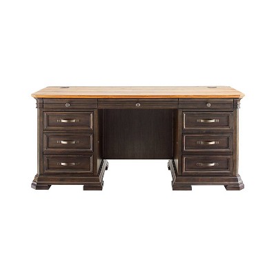 Brown Wood Double Pedestal Executive Desk with Drawers