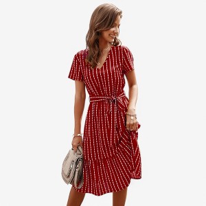 Anna-Kaci Women's V-Neck Short Sleeve Tiered Midi Dress with Waist Tie - 1 of 4