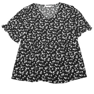 Agnes Orinda Women's Plus Size Floral Pleated V Neck Short Sleeve Tiered Babydoll Blouses - 1 of 4