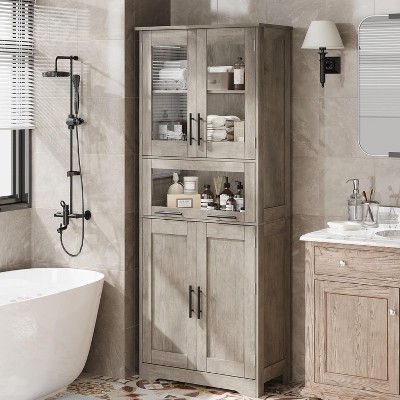 Pantry Cabinet, Tall Bathroom Storage Cabinet with Glass Doors and Adjustable Shelf, Freestanding Cupboard Tall Linen Cabinets for Kitchen, White