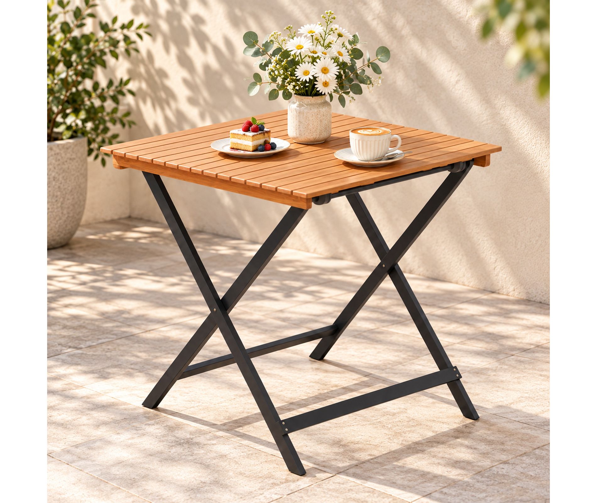 28 Inch Square Folding Patio Dining Table with Acacia Wood Slatted Top, Outdoor Wood Table, Natural and Black