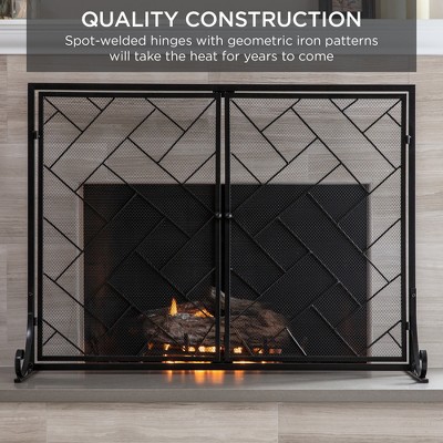 Best Choice Products 44x33in 2-Panel Handcrafted Wrought Iron Geometric Fireplace Screen w/ Magnetic Doors - Thumbnail 3