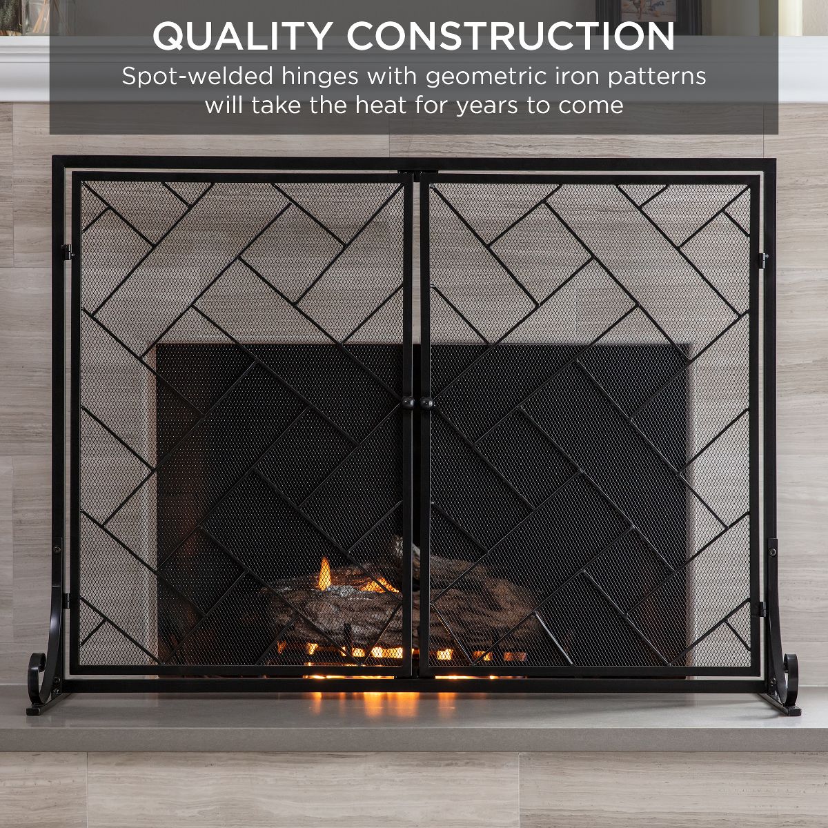 Best Choice Products 44x33in 2-Panel Handcrafted Wrought Iron Geometric Fireplace Screen w/ Magnetic Doors - Black - thumbnail 6