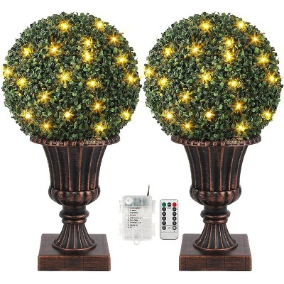 16" Pre-Lit Artificial Boxwood Balls (2-Pack),UV Resistant Outdoor Topiary Trees with Sturdy Pot Base for Porch & Garden Decor