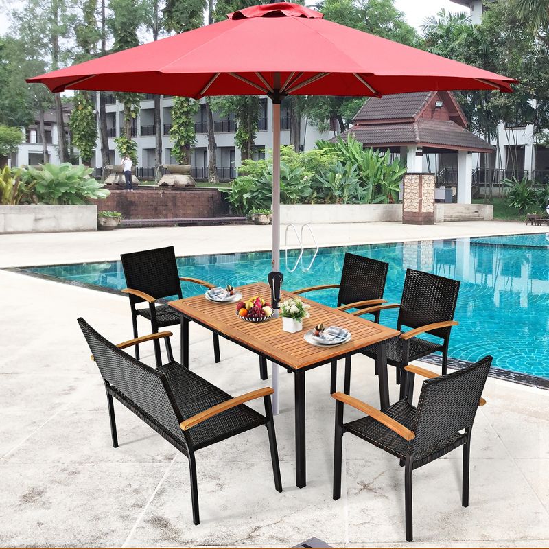 Costway 55'' Patio Rattan Dining Table Acacia Wood Table Top Umbrella Hole, 3 of 11