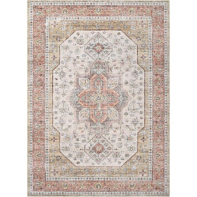 Boho Farmhouse Washable Area Rug - Large Neutral Floral Vintage Non-Slip Carpet for Living Room, Bedroom