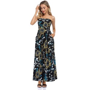 Women Strapless Maxi Boho Vintage Summer Beach Floral Print Hawaiian Party Long Dress - 1 of 4