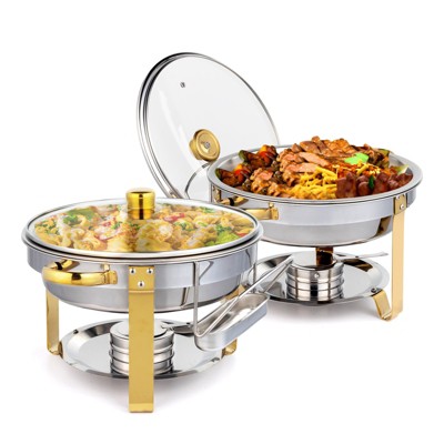 ROVSUN 5Quart Chafing Dish Set Gold Accent, Round NSF Stainless Steel Buffet Warmer Chafers with Glass Lid /Lid Holder for Party Wedding Dinner