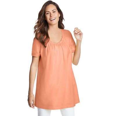 Woman Within Women's Plus Size Perfect Short-Sleeve Shirred U-Neck Tunic