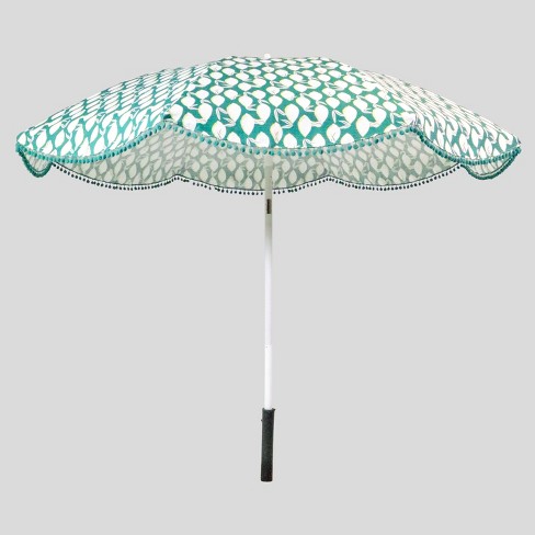 9 Lemons Scalloped Patio Umbrella Jade Green Poms Light Wood