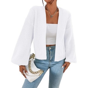 Womens Chunky Rib Knit Sweater Cardigan Open Front Lantern Sleeve Cardigan Comfy Cardigan,White - L - 1 of 4