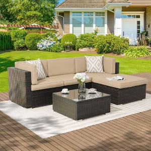 Sonkuki 5 Pieces Patio Conversation Set with Ottoman Sectional Sofa Set - 1 of 4