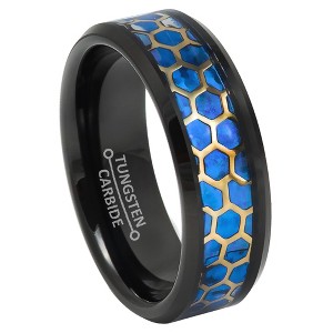 Jewelry Avalanche 8mm Beveled Black IP Honeycomb & Opal Inlay Tungsten Carbide Mens Wedding Band - 1 of 4