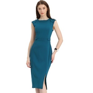 Allegra K Women's Round Neck Slim Fit Sleeveless Split Work Sheath Dresses - 1 of 4