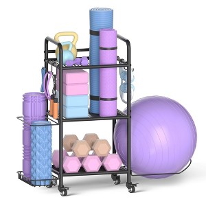 MOEPISY Black Home Gym Storage Rack Exercise Equipment Storage Organizer for Yoga Mat Dumbbells Kettlebells Foam Roller Yoga Strap & Resistance Bands - 1 of 4
