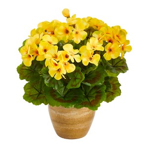 Nearly Natural 11-in Geranium Artificial Plant in Ceramic Planter UV Resistant (Indoor/Outdoor), Yellow - 1 of 4