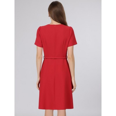 Женские платья INSPIRE CHIC Women's Elegant A-Line Choker V Neck Belted Wear to Work Fit and Flare Dress Medium Dark Red — фото 4