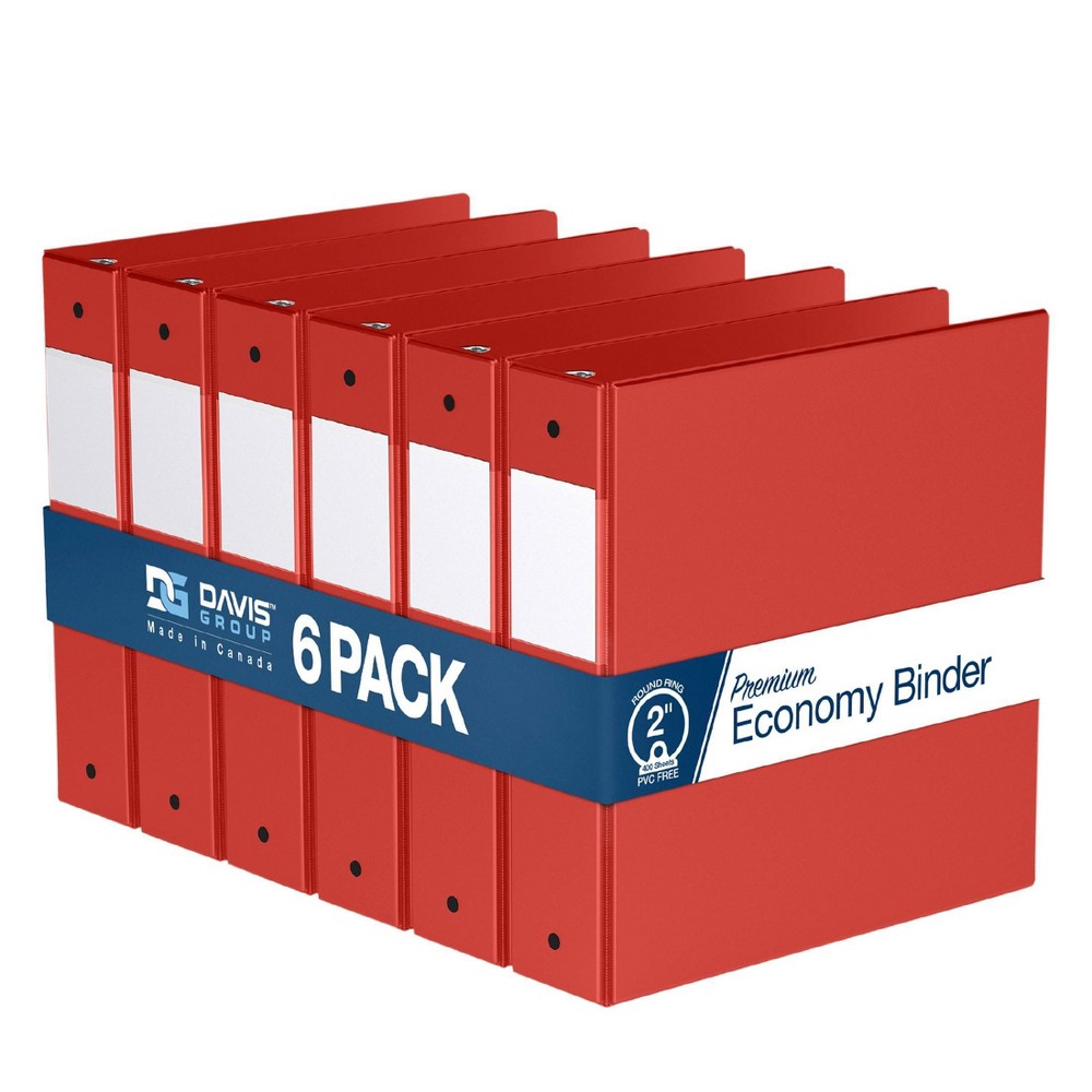 Davis Group 6pk 2" Premium Economy Round Ring Binders Red: Hard Cover, 400 Sheet Capacity, 2 Pockets, Polypropylene